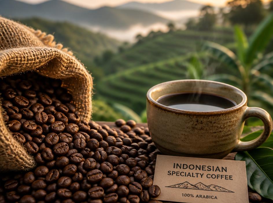 Roasted Indonesian coffee beans with a ceramic cup
