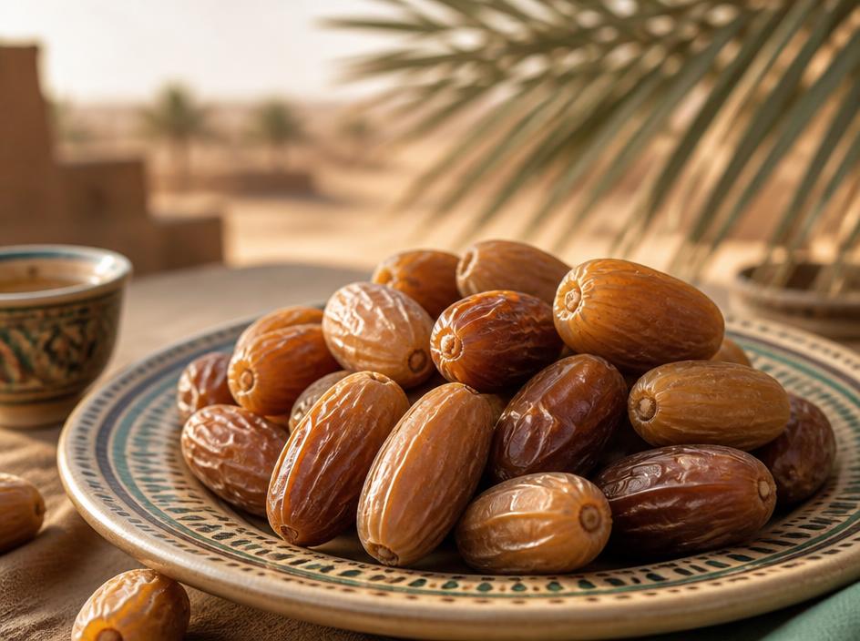 Plump Algerian Deglet Nour dates on a decorative plate
