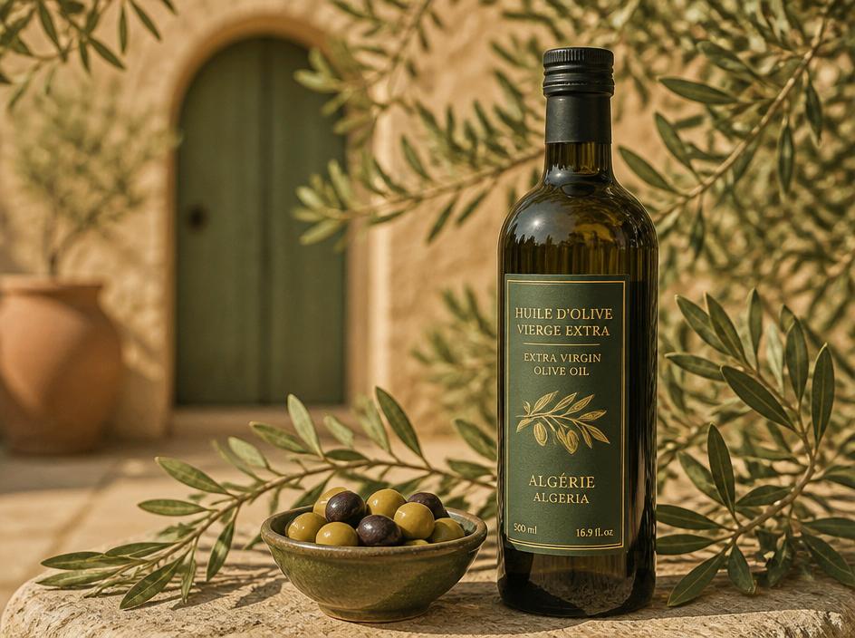Bottle of Algerian extra virgin olive oil with fresh olives